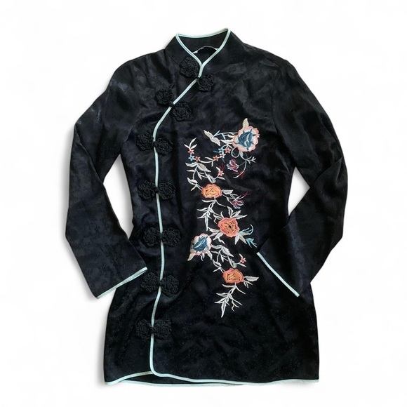 Zara Black Jacquard Embroidered Long sleeve QiPao Asian Mini dress - Picture 3 of 8